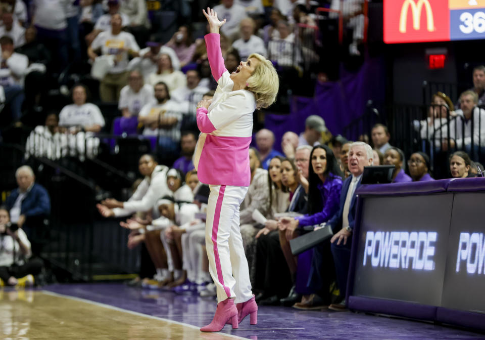 LSU head coach Kim Mulkey reacts to a play against Tennessee in the second half of an NCAA college basketball game in Baton Rouge, La., Monday, Jan. 30, 2023. (AP Photo/Derick Hingle)