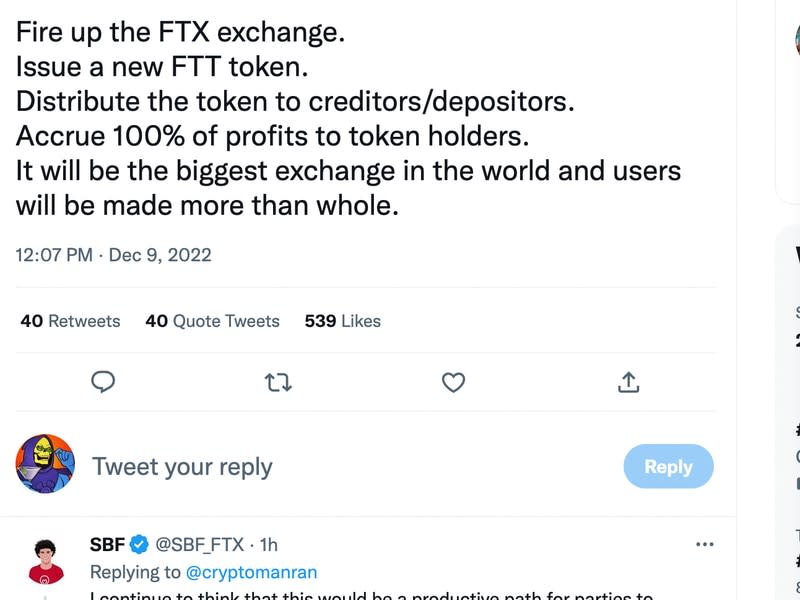 Sam Bankman Fried came out in support of an exchange revival plan proposed by crypto influencer Ran Neuner.