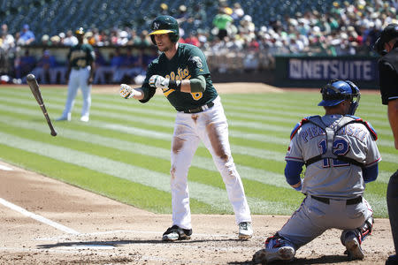FILE PHOTO: Oakland Athletics shortstop Jed Lowrie tosses his bat after being walked in the first inning of his the MLB American League baseball game against the Texas Rangers in Oakland, California September 4, 2013. REUTERS/Stephen Lam
