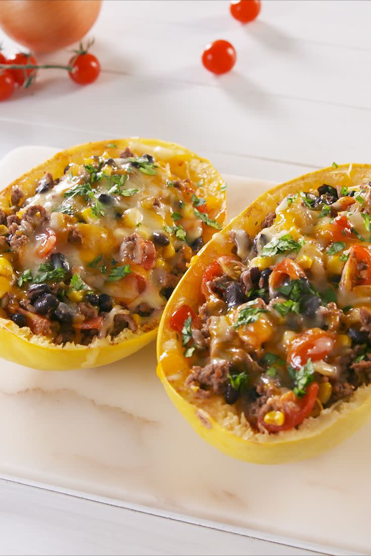 <p>All of the burrito flavors you love in a spaghetti squash? Yes, please! Plus, it's SUPER easy to make this recipe vegetarian, too. Simply sub out the beef for extra veggies; Bell peppers, spinach, and red onions would all be great additions.</p><p>Get the <strong><a href="https://www.delish.com/cooking/recipe-ideas/a20913477/burrito-spaghetti-squash-boats-recipe/" rel="nofollow noopener" target="_blank" data-ylk="slk:Burrito Spaghetti Squash Boats recipe;elm:context_link;itc:0;sec:content-canvas" class="link ">Burrito Spaghetti Squash Boats recipe</a>. </strong> </p>