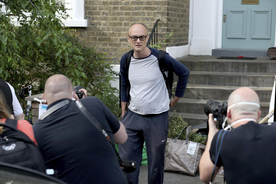 Dominic Cummings, the top aide to Britain's Prime Minister Boris Johnson.  leaves his north London home the day after he a gave press conference over allegations he breached coronavirus lockdown restrictions Tuesday May 26, 2020. (Yui Mok/PA via AP)