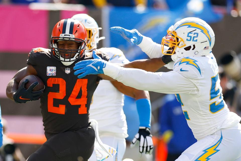 Browns running back Nick Chubb takes off on a 41-yard touchdown run in the first half against the Chargers, Sunday, Oct. 9, 2022, in Cleveland.