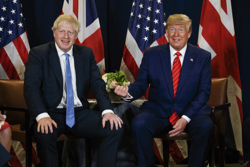 FILE - President Donald Trump meets with British Prime Minister Boris Johnson at the United Nations General Assembly in New York, Tuesday, Sept. 24, 2019. (AP Photo/Evan Vucci, File)