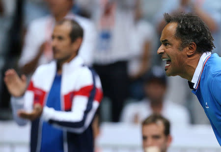 Croatia Tennis - Croatia v France - Davis Cup Semi Final - Kresimir Cosic Hall, Zadar, Croatia - 16/9/16 France's coach Yannick Noah react during singles match France's Richard Gasquet v Croatia's Borna Coric. REUTERS/Antonio Bronic