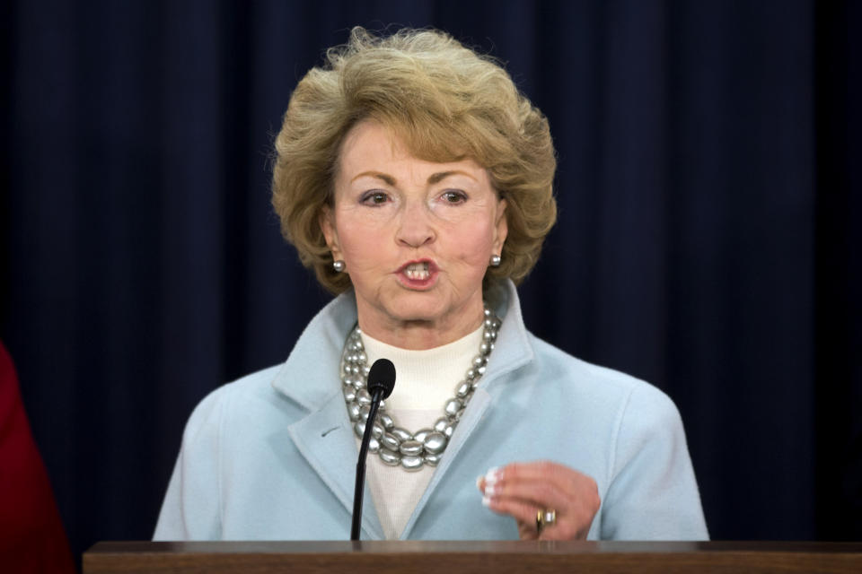 FILE — In this March 14, 2016 file photo, Barbara Bartoletti, of the League of Women Voters of New York State, speaks during a news conference, in Albany, N.Y. "He is a bully, and he's everything they say he is," said Barbara Bartoletti of Cuomo, who worked in Albany for four decades as legislative director for the League of Women Voters, a government watchdog often at odds with him. "But as a New Yorker, I'm glad we did have him during the height of the pandemic."(AP Photo/Mike Groll, File)