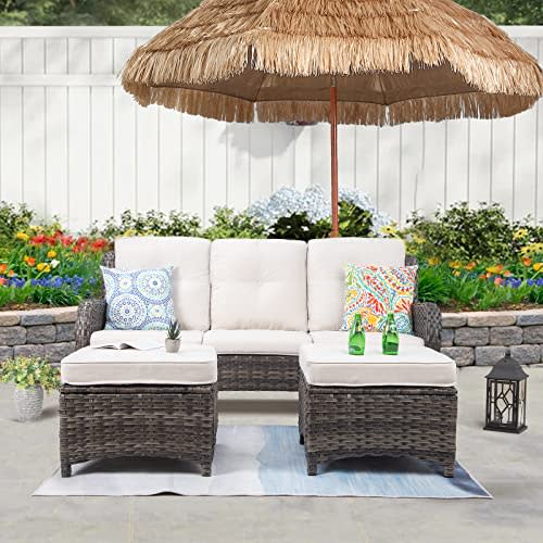 Joyside Patio Furniture Set 3-Piece Wicker Outdoor Furniture Conversational Sets with 3-Seat Sofa, 2 Ottoman Patio Rattan Wicker Sectional Sofa Set with Olefin Cushions(Mixed Grey/Beige)