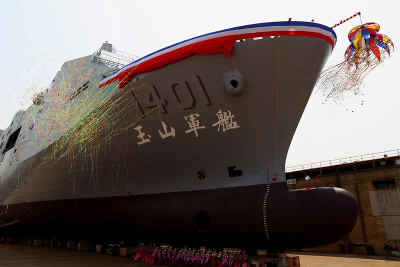 Taiwan Navy's domestically built amphibious transport dock "Yushan" is seen during its launching ceremony in Kaosiung