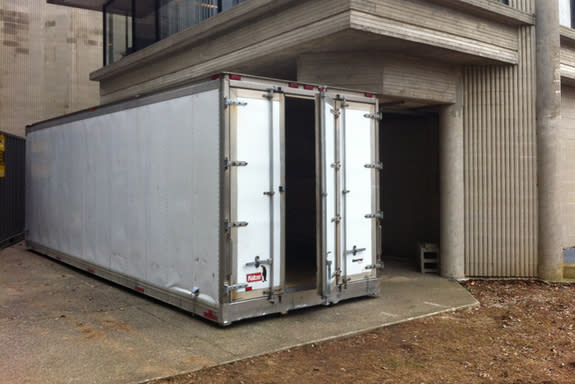 The container unit where UMass Dartmouth professor Gaurav Khanna stores his collection of more than 200 Sony PlayStation3s, all hooked together as a single, massive processor unit.