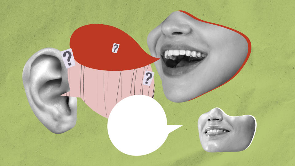 Poster for a podcast about communication skills, featuring diverse voices and perspectives in dialogue. Mouth and ear elements with speech bubbles. Active position in debates. Influence, media concept