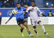 CF Montreal's Ruan, left, challenges Orlando City's Ivan Angulo during the first half of an MLS soccer match Saturday, April 20, 2024, in Montreal. (Graham Hughes/The Canadian Press via AP)
