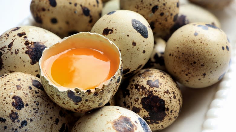 quail eggs with one open