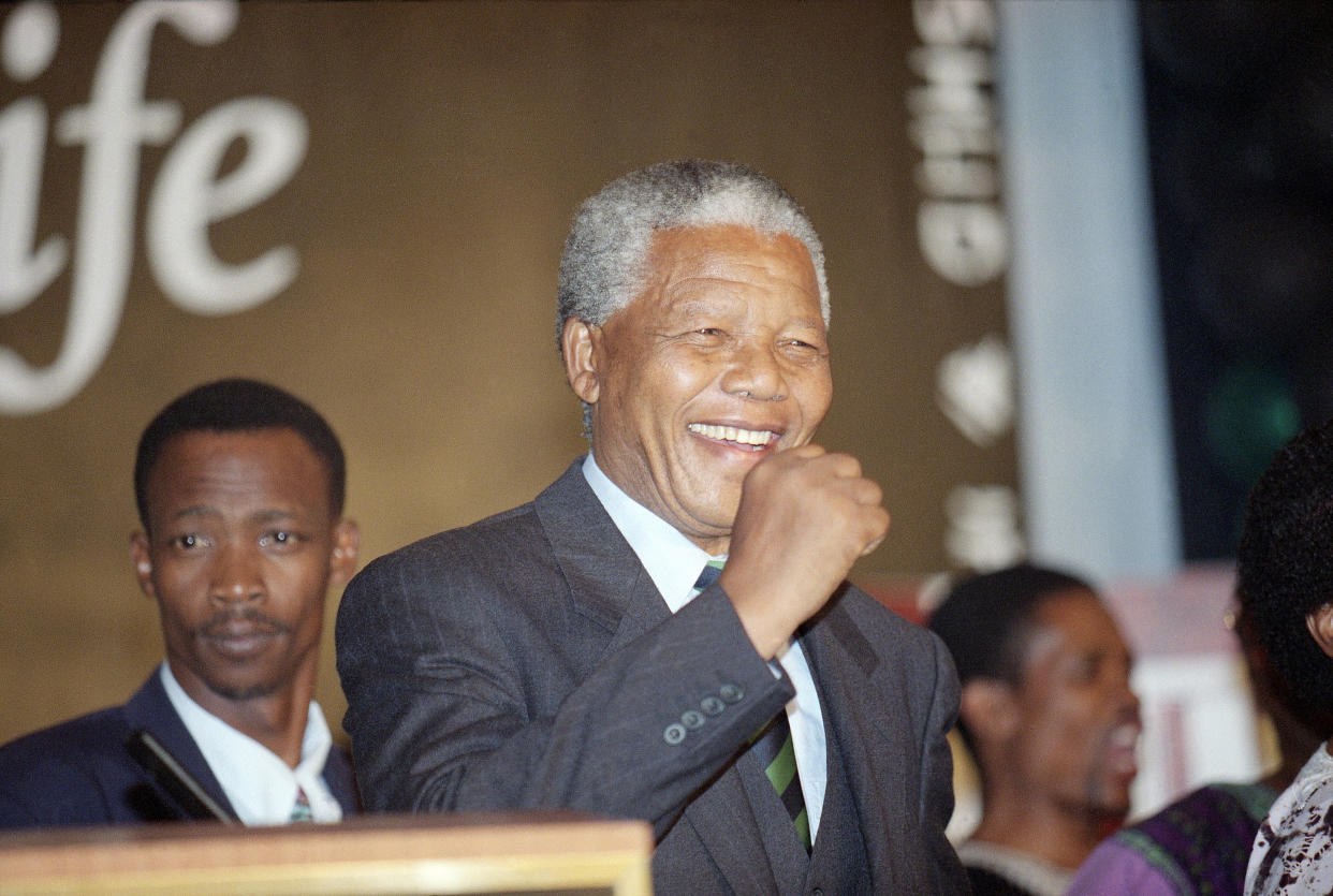 Nelson Mandela smiles during his victory speech in Johannesburg on Monday May 2, 1994. Mandela will become South Africa's first black president following his majority win in the historic all-race elections. (AP Photo/John Parkin)