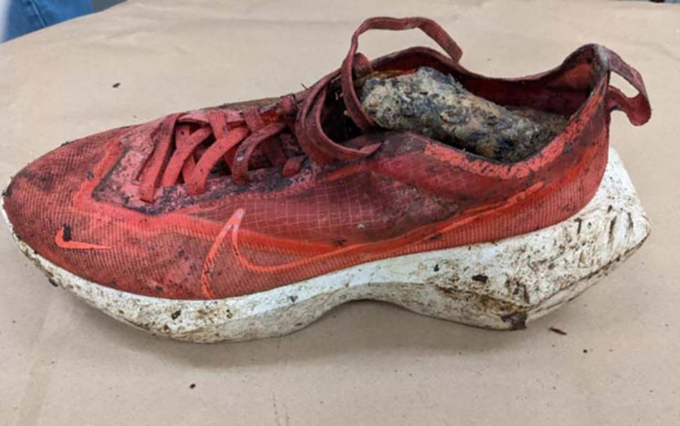 A shoe which contained a severed foot found at Catoctin Mountain Park in Thurmont.