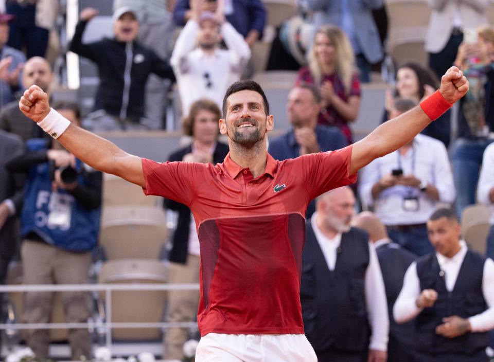 PARIS, FRANCE - JUNE 03: Novak Djokovic of Serbia celebrates to the crowd after his victory against Francisco Cerundolo of Argentina in the Men's Singles fourth round match during Day Nine of the 2024 French Open at Roland Garros on June 03, 2024 in Paris, France. (Photo by Tnani Badreddine/DeFodi Images via Getty Images)