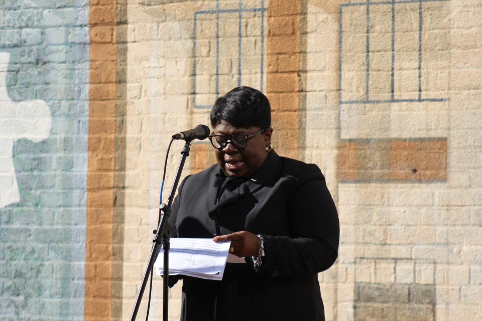 Christal Williams, a regional minister for the Disciples of Christ in Nashville, speaks at a vigil organized by the Statewide African American Clergy Initiative to protest bills that lawmakers are introducing during a special COVID-19 legislative session.