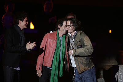 Orlando Bloom , Keith Richards and Johnny Depp at the Disneyland premiere of Walt Disney Pictures' Pirates of the Caribbean: At World's End