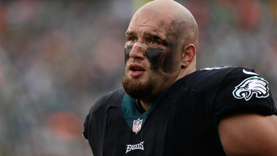 This is what Lane Johnson looks like without a German shepherd’s head in place of his own. (AP)