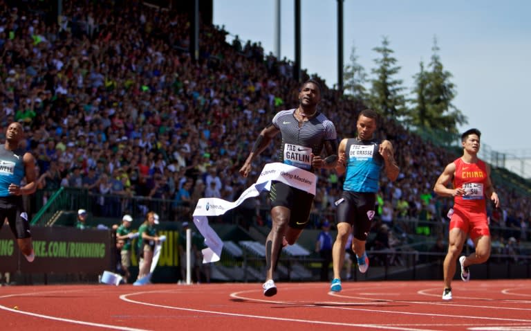 Justin Gatlin of the United States wins the 100 meter dash at Hayward Field on May 28, 2016 in Eugene, Oregon