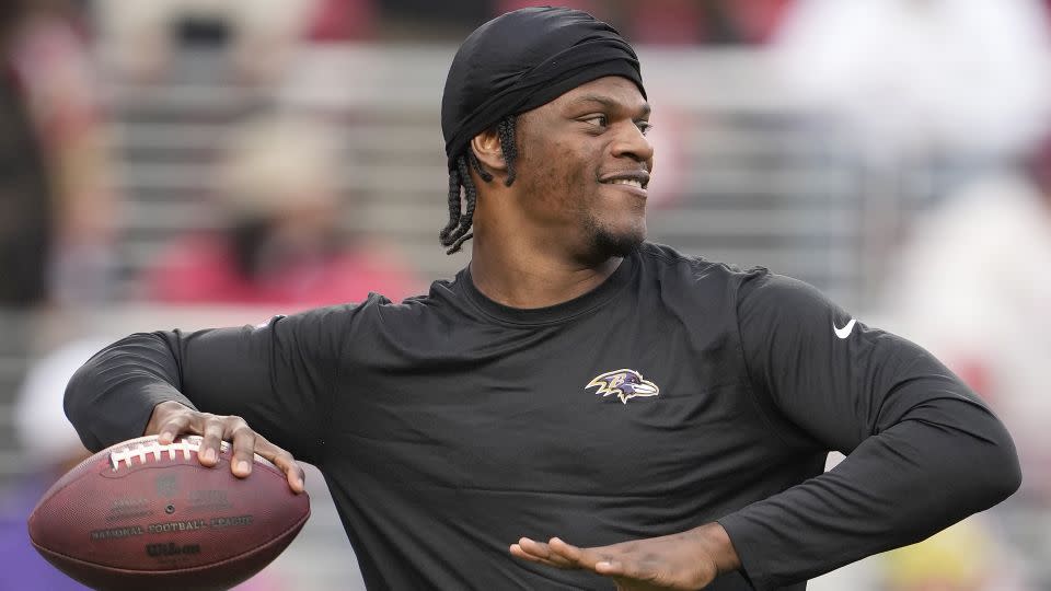 Jackson warms up prior to the start of the Ravens game against the San Francisco 49ers at Levi's Stadium on December 25, 2023. - Thearon W. Henderson/Getty Images