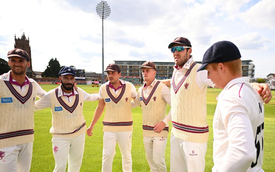 Somerset players gather on Day Two of the LV= Insurance County Championship match between Somerset