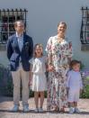 <p>Crown Princess Victoria smiles with her husband, Prince Daniel, and their two children, Princess Estelle and Prince Oscar, at Victoria's 42nd birthday celebration.</p>