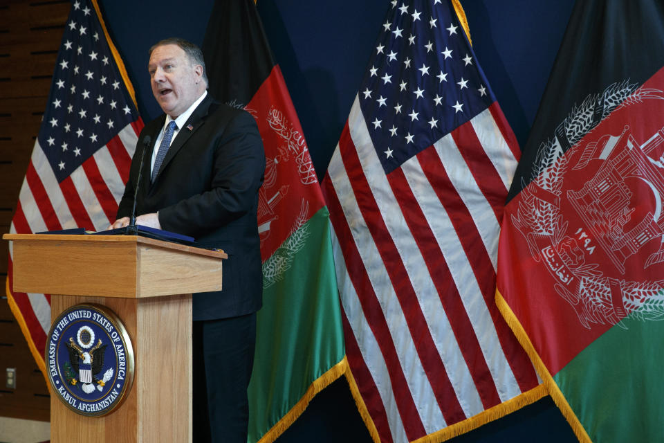 Secretary of State Mike Pompeo speaks during a news conference at the U.S. Embassy, Tuesday, June 25, 2019, during an unannounced visit to Kabul, Afghanistan. (AP Photo/Jacquelyn Martin, Pool)