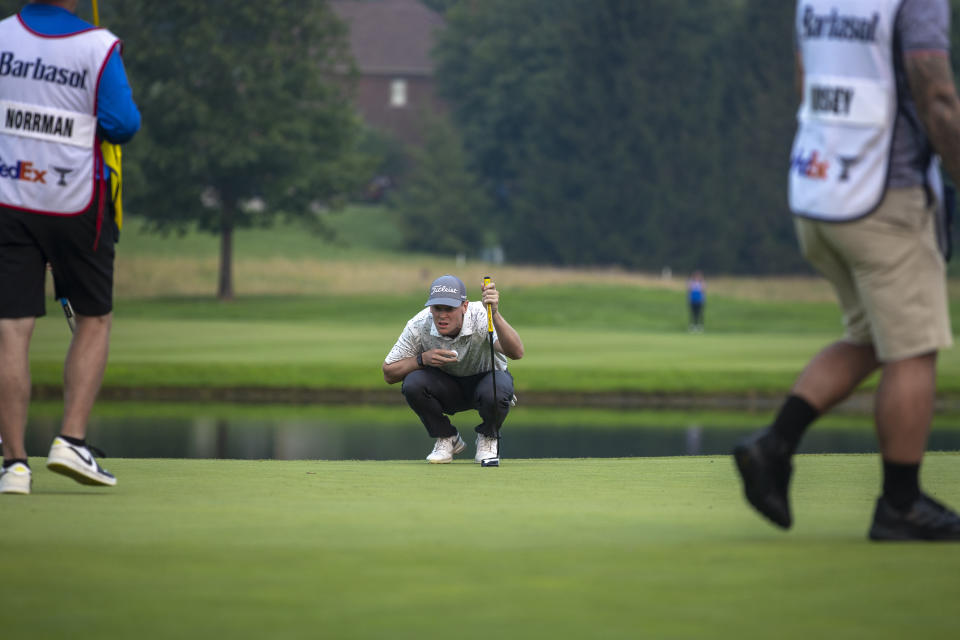 Vincent Norrman prepares to take a shot on the 18th green during a playoff at the Barbasol Championship golf tournament at Keen Trace Gold Club in Nicholasville, Ky., on Sunday, July 16, 2023. (Ryan C. Hermens/Lexington Herald-Leader via AP)