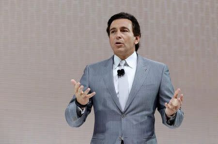 FILE PHOTO: Ford Motor Company CEO Mark Fields speaks at the 2017 New York International Auto Show in New York City, U.S. April 12, 2017. REUTERS/Brendan Mcdermid/File Photo