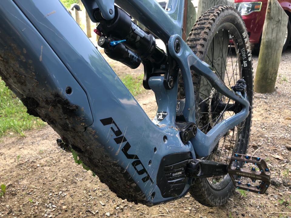 The battery on this electric-assist mountain bike clips inside of the frame, seen here at a weekly group ride on the mountain bike trail at Andrews University in Berrien Springs.