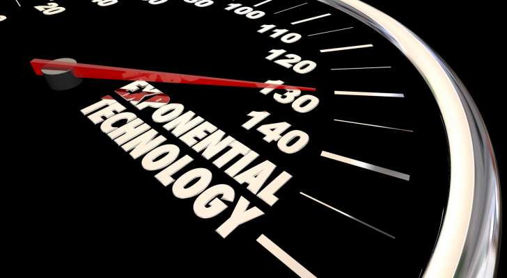 An image of a speedometer with the words "exponential technology" at the maximum