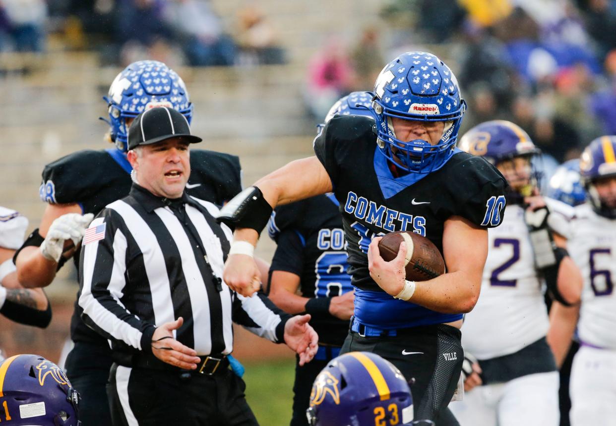 Marionville's Hugh Eaton celebrates after scoring a touchdown on the North Platte Panthers in the Class 1 State Championship football game at Faurot Field in Columbia, Mo. on Friday, Dec. 1, 2023.