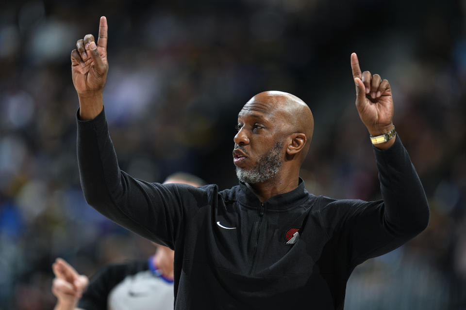 Portland Trail Blazers head coach Chauncey Billups directs his team against the Denver Nuggets in the first half of an NBA basketball game Sunday, Feb. 4, 2024, in Denver. (AP Photo/David Zalubowski)