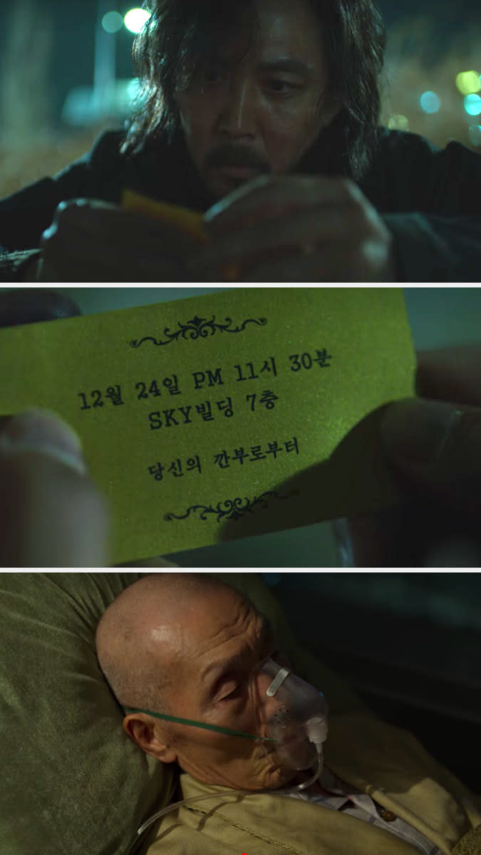 Gi-hun looks at the card from Il-nam then visits him in a gurney