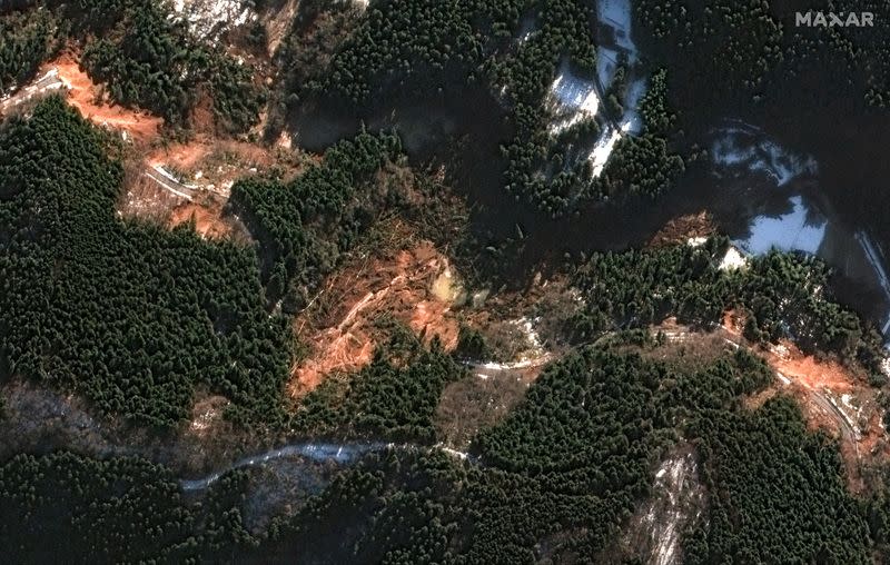 A satellite image shows landslides and damage caused by recent earthquake, in Japan