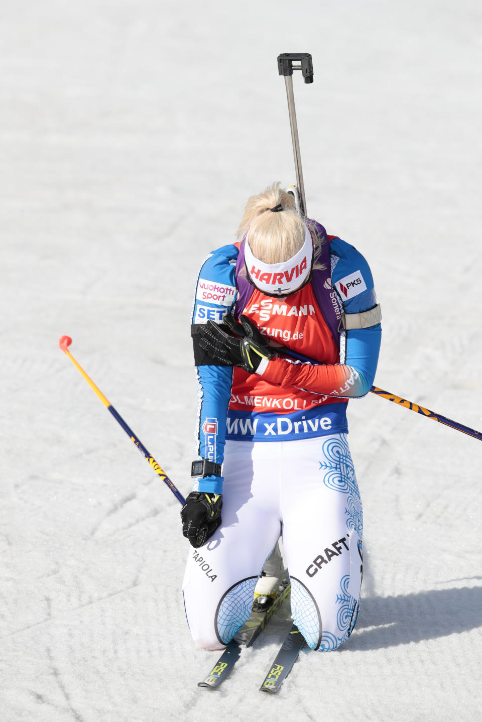Mari Laukkanen from Finland reacts after finishing first in IBU Biathlon World Cup Biathlon, Women 10 km pursuit competition in Oslo, Norway, Saturday March 18, 2017. (Hakon Mosvold Larsen, NTB Scanpix via AP)