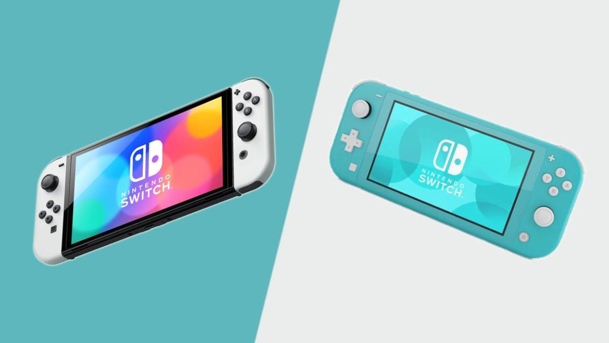  Nintendo Switch OLED and Switch Lite side by side against a split color background. 