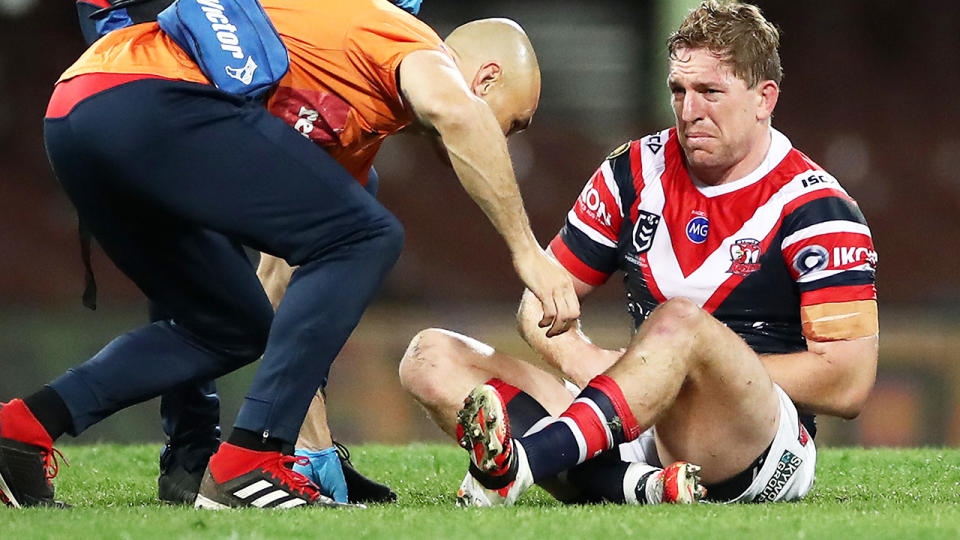 Mitchell Aubusson, pictured here after being injured in the Roosters' loss to the Storm.