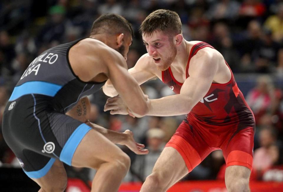 Nick Lee faces Alec Pantaleo in the 65 kg quarterfinals during the U.S. Olympic Team Trials at the Bryce Jordan Center on Friday, April 19, 2024.