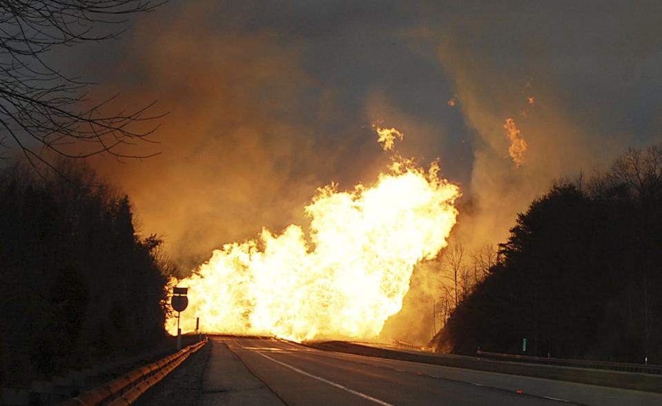 A gas line explosion near Sissonville, West Virginia, sent flames across Interstate 77. <a href="https://newsroom.ap.org/detail/GasLineExplosion/b1a50e758f164daeb5c40364aeb93037/photo" rel="nofollow noopener" target="_blank" data-ylk="slk:AP Photo/Joe Long;elm:context_link;itc:0;sec:content-canvas" class="link ">AP Photo/Joe Long</a>