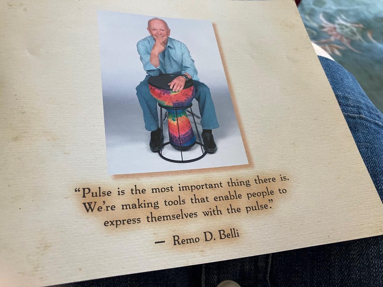 The family of Remo Belli shows a photograph of Belli with one of his drumheads and his favorite phrase: "Pulse is the most important thing there is. We're making tools that enable people to express themselves with the pulse."