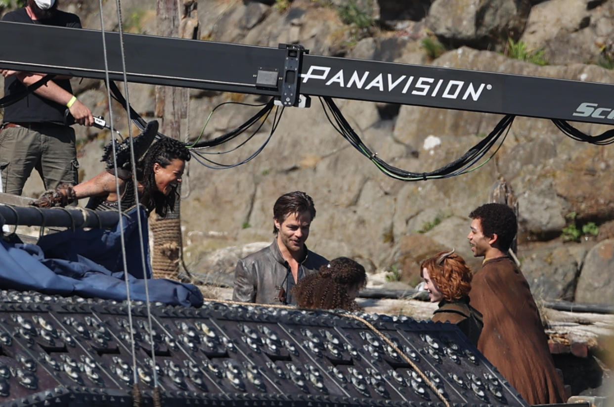 Michelle Rodriguez, Chris Pine and Justice Smith filming Dungeons and Dragons (Liam McBurney/PA)