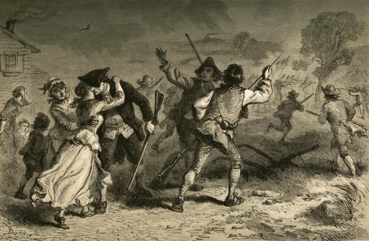 An 1877 print called 'Concord - The First Blow For Liberty,' showing American patriots going off to fight the British on April 19, 1775. <a href="https://www.gettyimages.com/detail/news-photo/concord-the-first-blow-for-liberty-american-patriots-going-news-photo/1151166237?phrase=American%20Revolution%20Patriots&adppopup=true" rel="nofollow noopener" target="_blank" data-ylk="slk:Print Collector/Hulton Archive/Getty Images;elm:context_link;itc:0;sec:content-canvas" class="link ">Print Collector/Hulton Archive/Getty Images</a>