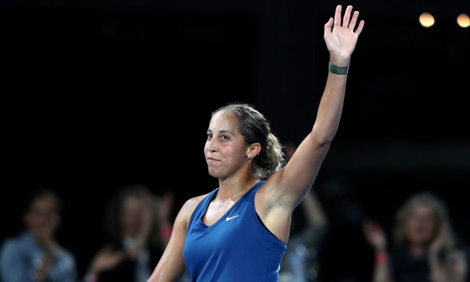 Madison Keys waves to the crowd after seeing off Coco Gauff in Adelaide last month.