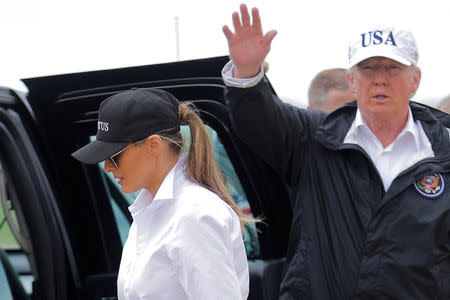 U.S. President Donald Trump and first lady Melania Trump arrive at Austin international airport in Austin, Texas, U.S., August 29, 2017. REUTERS/Carlos Barria