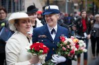 SEATTLE, WA - DECEMBER 9: Nancy Monahan, right, a retired Coast Guard petty officer, shares a laugh with her wife, Deb Needham, after their wedding at City Hall on December 9, 2012 in Seattle, Washington. Today is the first day that same-sex couples can legally wed in Washington state. (Photo by David Ryder/Getty Images)