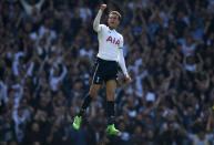 Tottenham Hotspur's Dele Alli celebrates scoring his team's first goal against Watford at White Hart Lane in London, on April 8, 2017