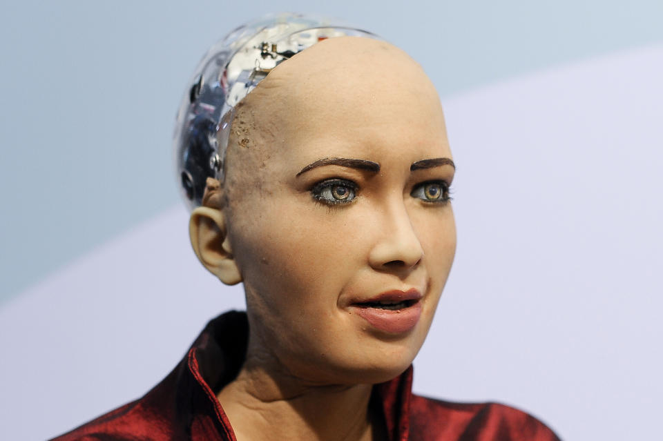 Sophia, the humanoid robot, created by Hanson Robotics, exhibited during the Mobile World Congress, on February 26, 2019 in Barcelona, Spain.   (Photo by Joan Cros/NurPhoto via Getty Images)