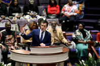 Democratic presidential candidate Pete Buttigieg speaks at First Baptist Church on Sunday, Feb. 23, 2020, in Charleston, S.C. (AP Photo/Meg Kinnard)