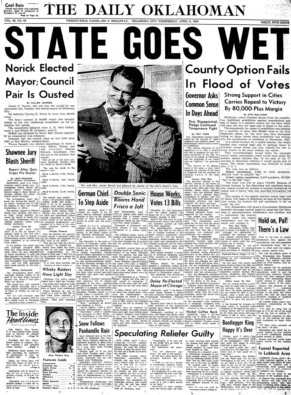 "STATE GOES WET" was the headline across the front page of The Daily Oklahoman on April 8, 1959.