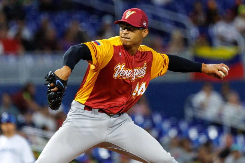 Venezuela starting pitcher Jesus Luzardo (44) pitches during the first inning of a Pool D game against Israel at the World Baseball Classic at loanDepot Park on Wednesday, March 15, 2023, in Miami, Fla.